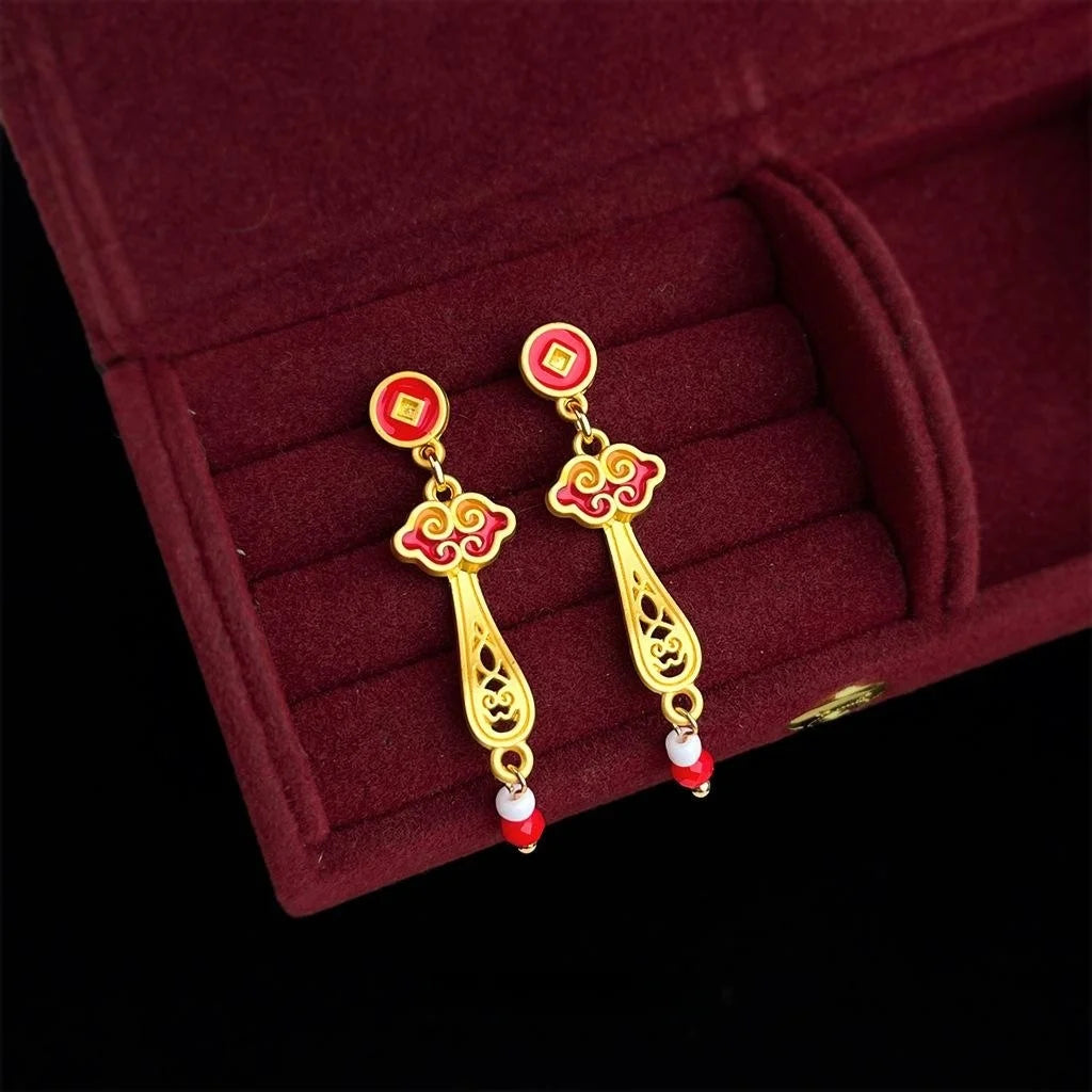 Chinese Style Red Enamel Ruyi Cloud Drop Earrings, Copper Glass Crystal Long Dangle Jewelry