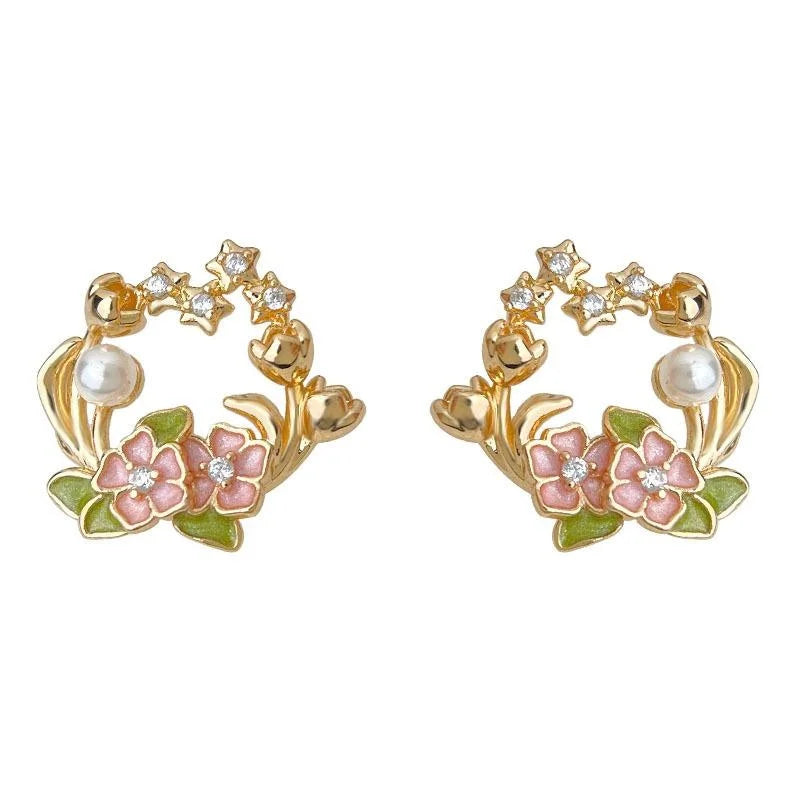 14K Plated Copper Enamel Rose Flower Stud Earrings With Zircon Pearl Chic Floral Jewelry