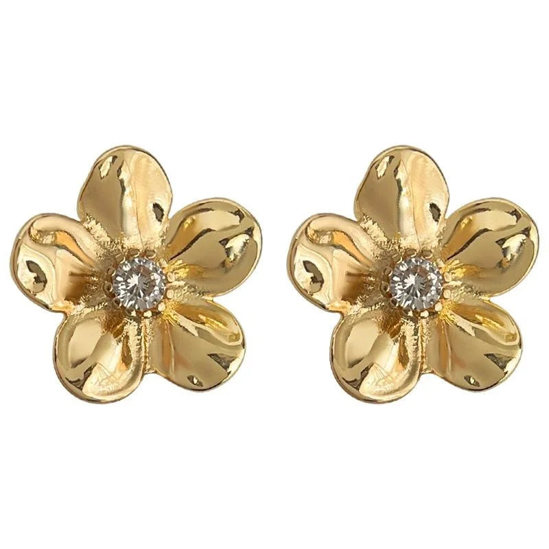 Copper Micro Pave Zircon Peach Blossom Stud Earrings Sweet 3D Flower Spring Jewelry