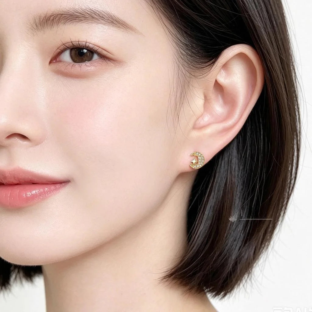 Mini Zircon Moon Star Stud Earrings Eco-Friendly Copper Micro Pave Minimalist Commuter Jewelry