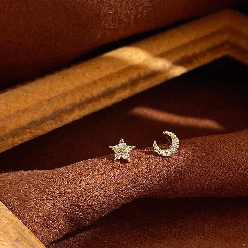 Mini 14K Gold Plated Copper Star Moon Zircon Stud Earrings, Minimalist Tiny Jewelry