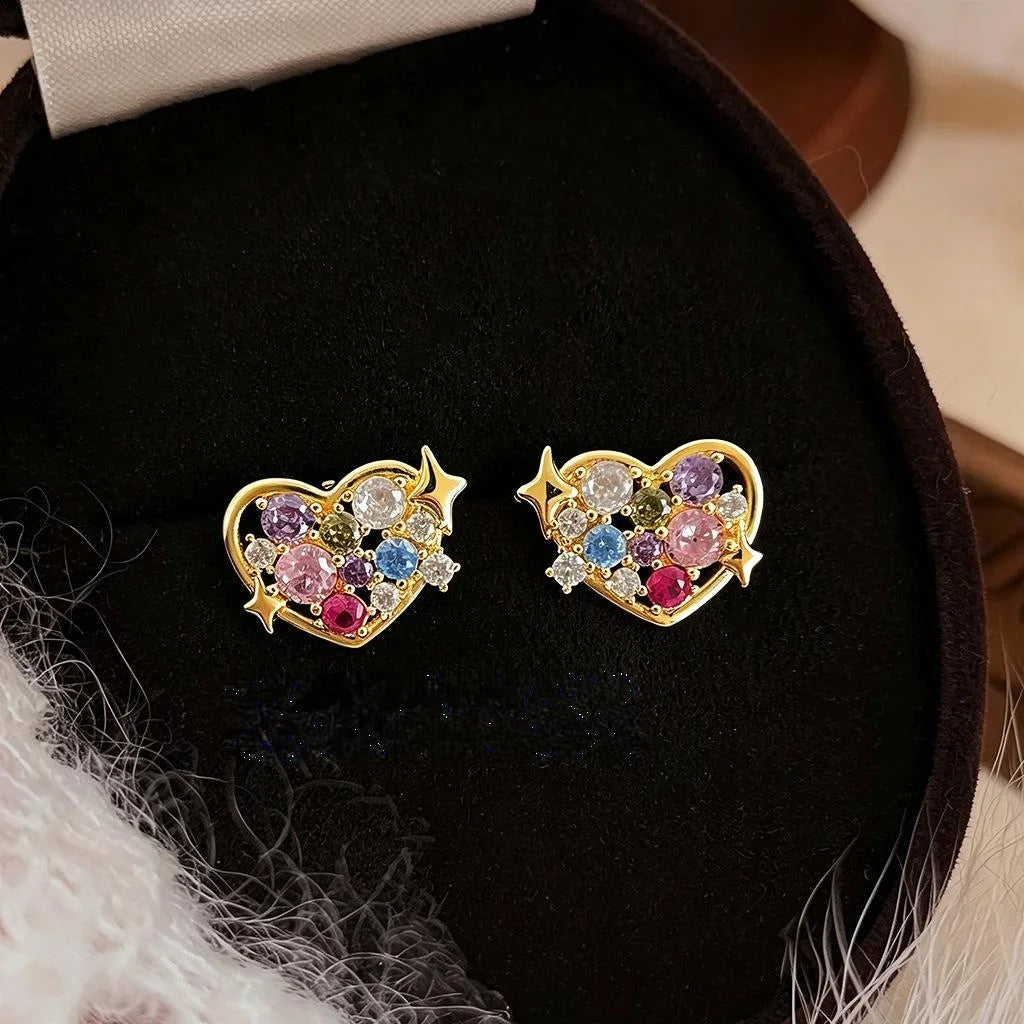 14K Gold Plated Copper Zircon Heart Stud Earrings Minimalist Light Luxury Commuter Jewelry