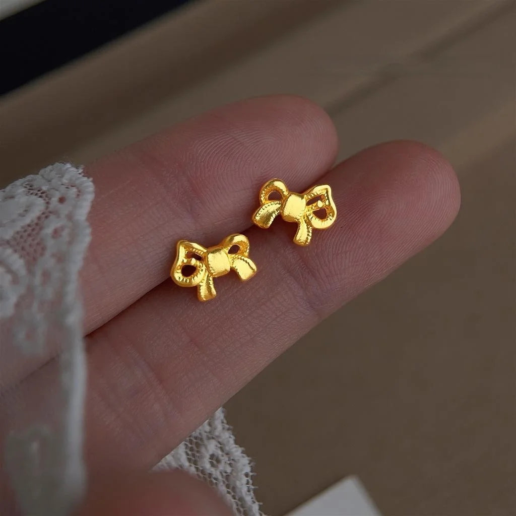 Matte Gold Eco-Friendly Copper Bow Stud Earrings, Minimalist Versatile Women's Jewelry