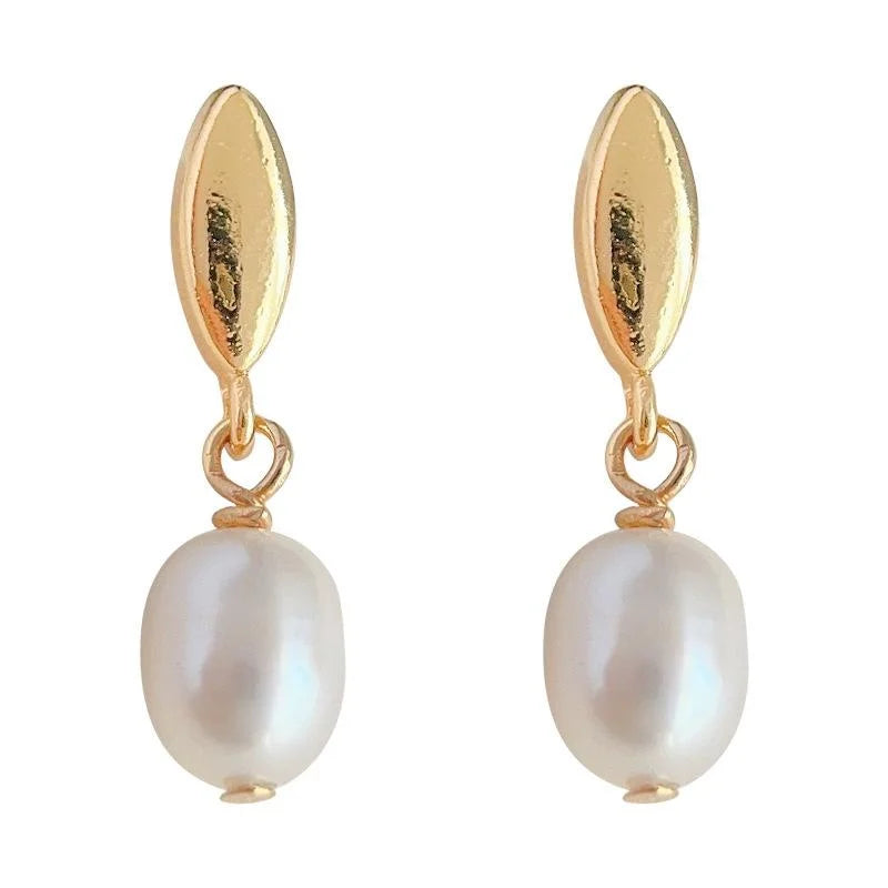 Natural Freshwater Pearl Drop Stud Earrings 14K Plated Minimalist Handmade