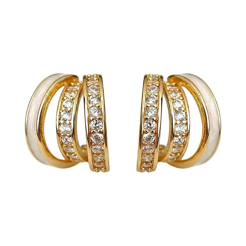 Light Luxury Copper Zircon White Enamel Geometric Round Line Drop Earrings