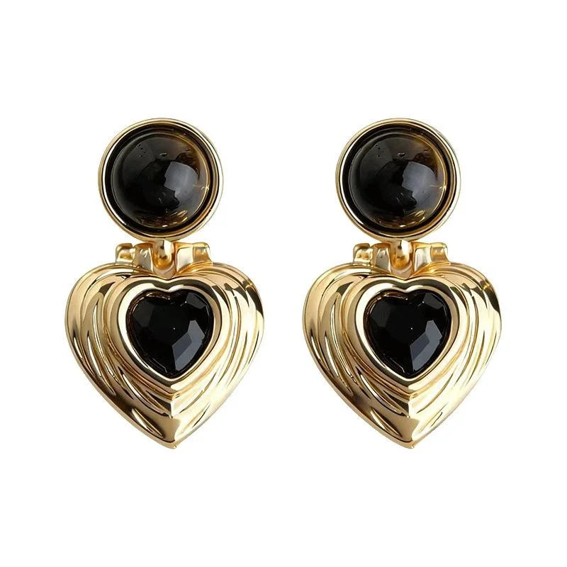 Vintage Maillard Style Tiger Eye Heart Geometric Zircon Drop Earrings