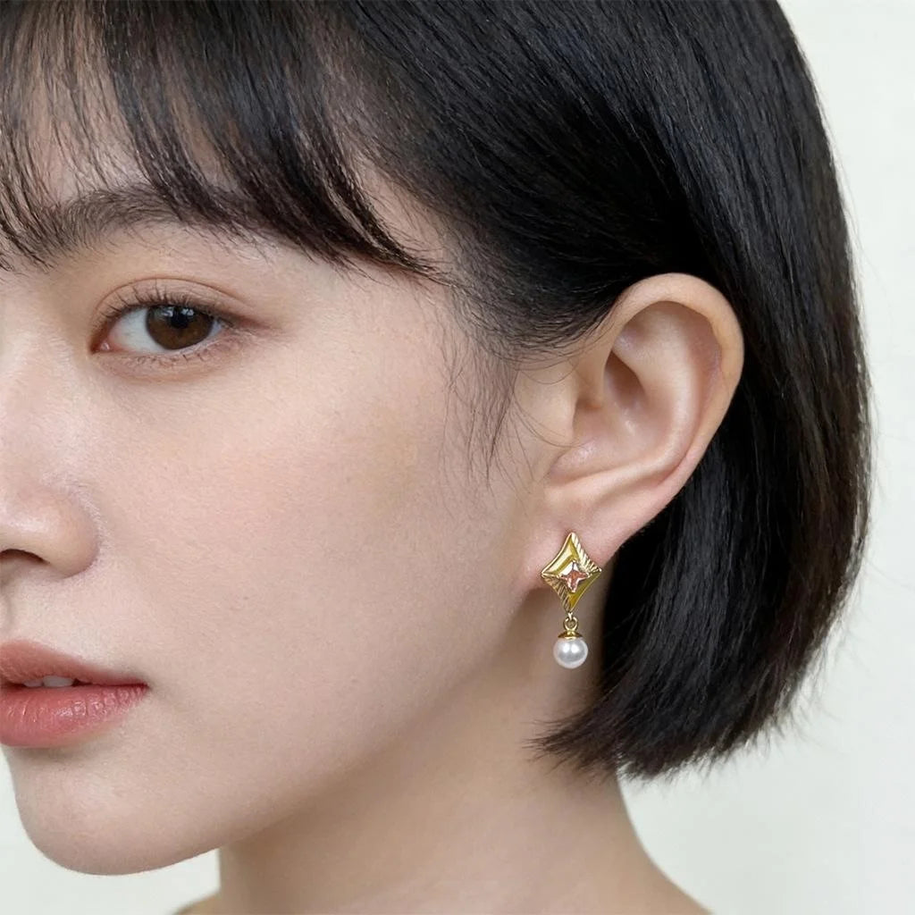 Old Money Style Geometric Round Square Drop Earrings, Enamel Pearl Zircon Silver Plated Pin