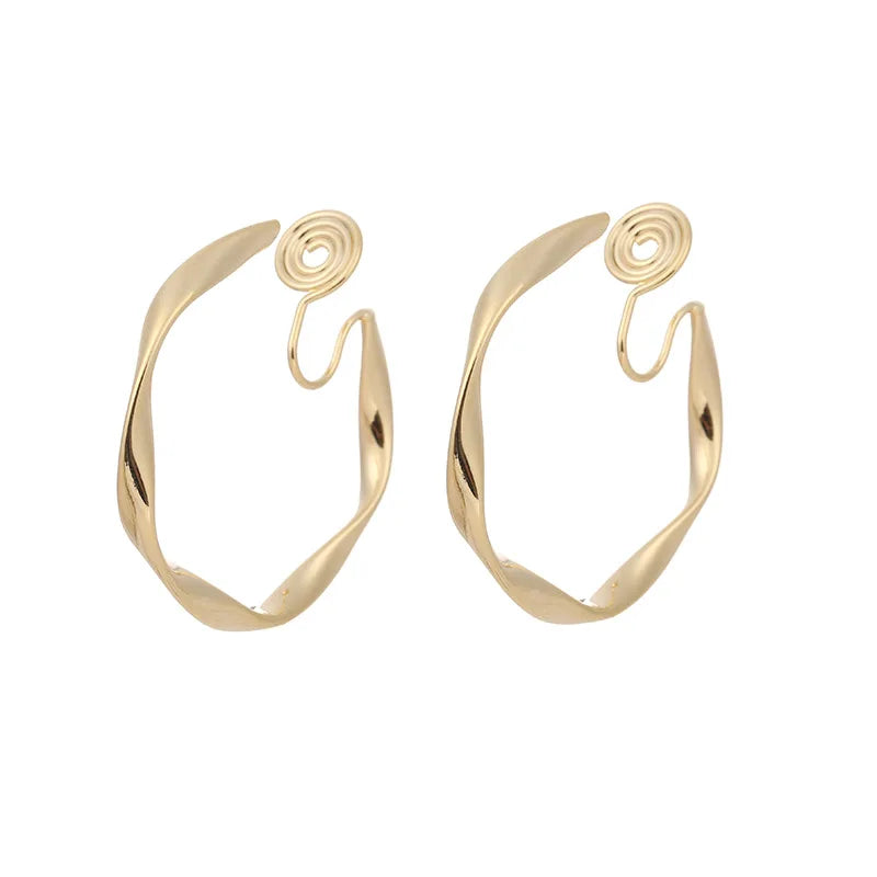 Elegant Twisted Spiral Hoop Alloy Stud & Clip On No Piercing Gold Circle Ear Cuff Earrings
