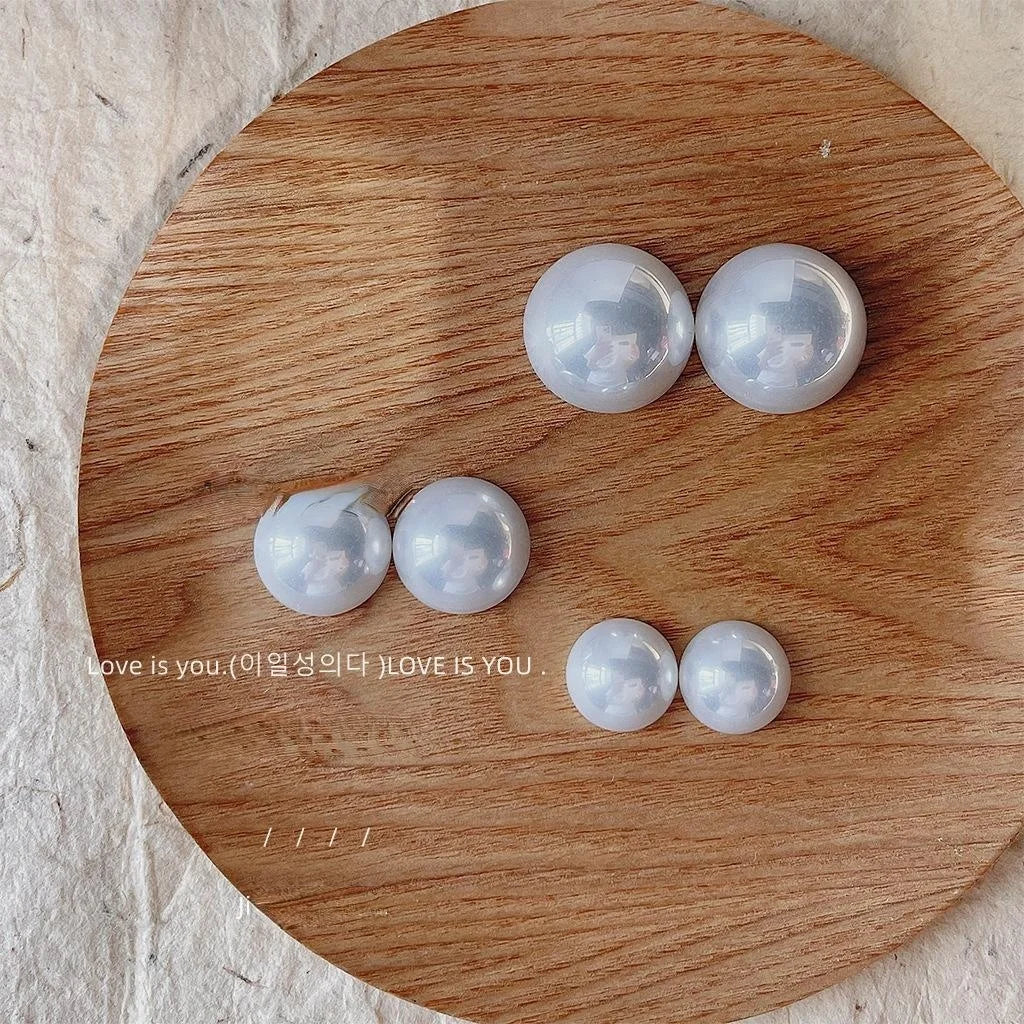 Silver Plated Half Round Faux Pearl Stud Earrings Geometric Fresh Fashion Jewelry