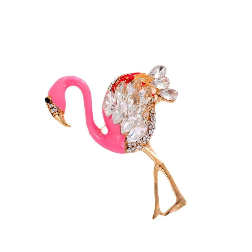 Elegant Pink Enamel Flamingo Brooch With Rhinestone Wings, Alloy Bird Lapel Pin Corsage Gift