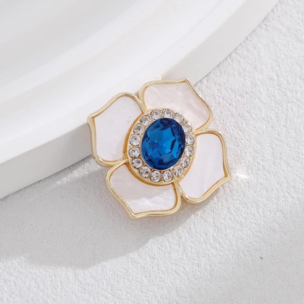 Elegant Camellia Flower Brooch With Mother Of Pearl Petals And Blue Rhinestone Center, Magnetic Lapel Pin Gift