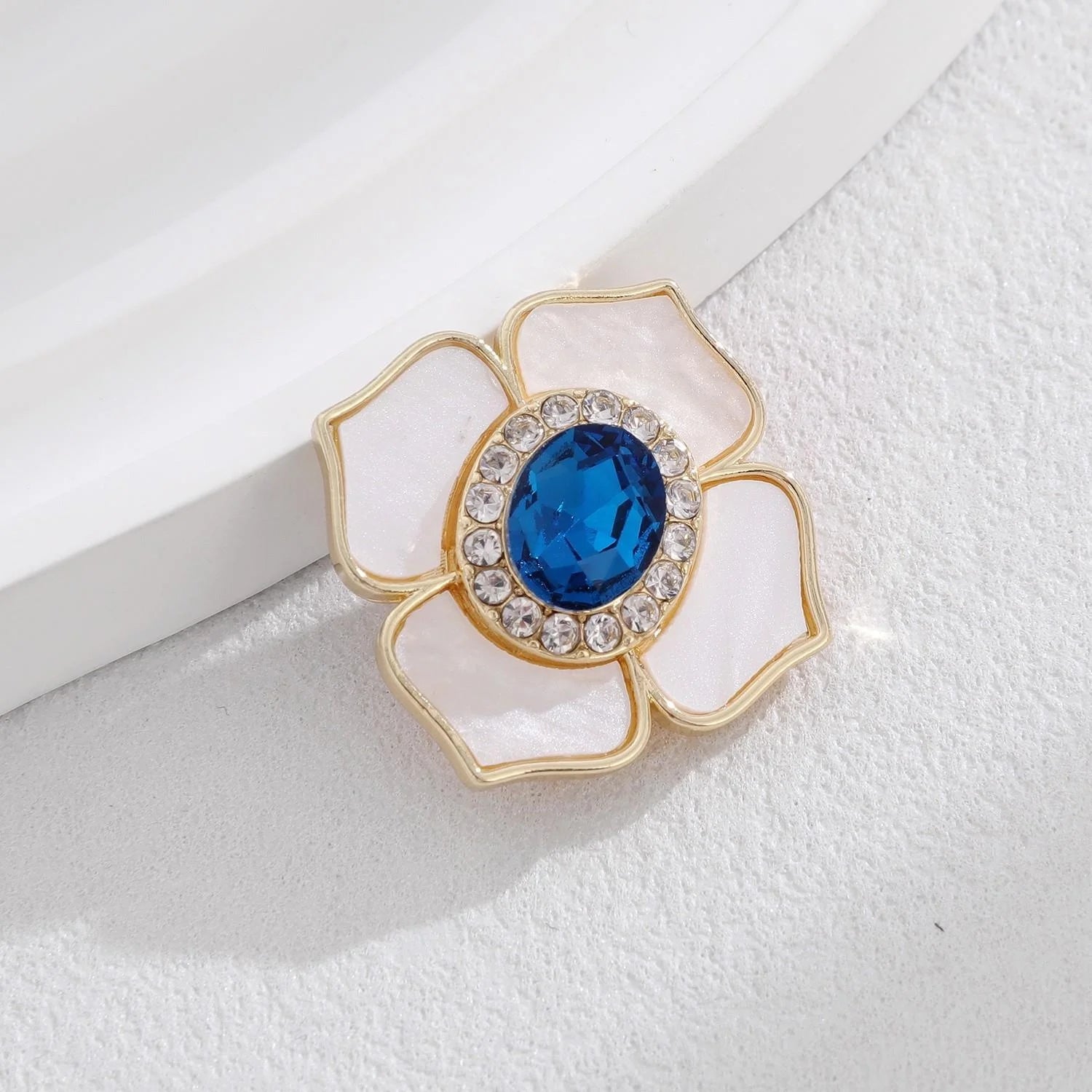 Elegant Camellia Flower Brooch With Mother Of Pearl Petals And Blue Rhinestone Center, Magnetic Lapel Pin Gift