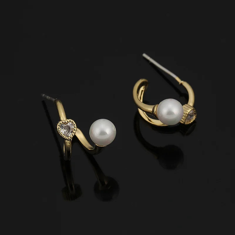 Elegant Heart Zircon Pearl Hoop Stud & Clip On No Piercing Gold Alloy Minimalist Ear Cuff Earrings