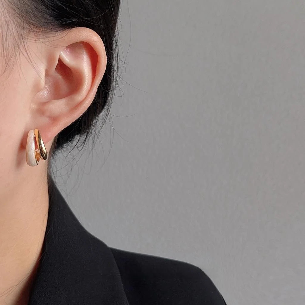 Korean Style Double Layer Geometric Ring Copper Stud Earrings With Enamel Metal Finish