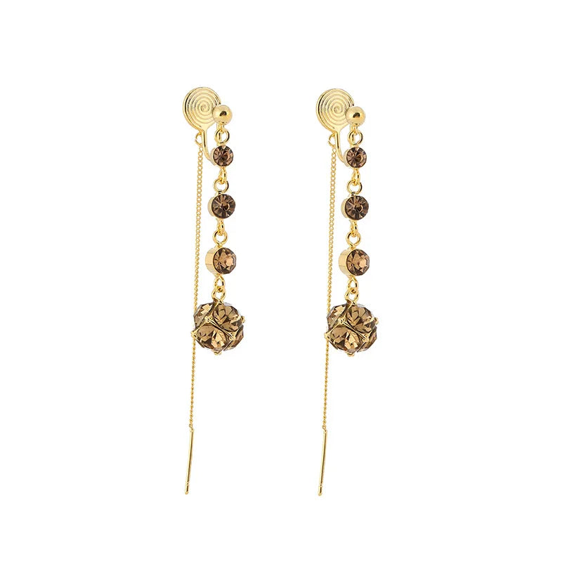 Elegant Brown Rhinestone Ball Spiral Chain Tassel Stud & Clip On No Piercing Long Drop Earrings