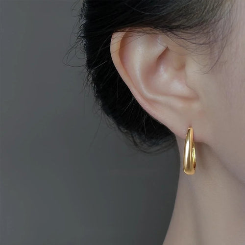 14K Gold Plated Copper Oval Geometric Drop Earrings, French Minimalist Smooth Fashion Jewelry