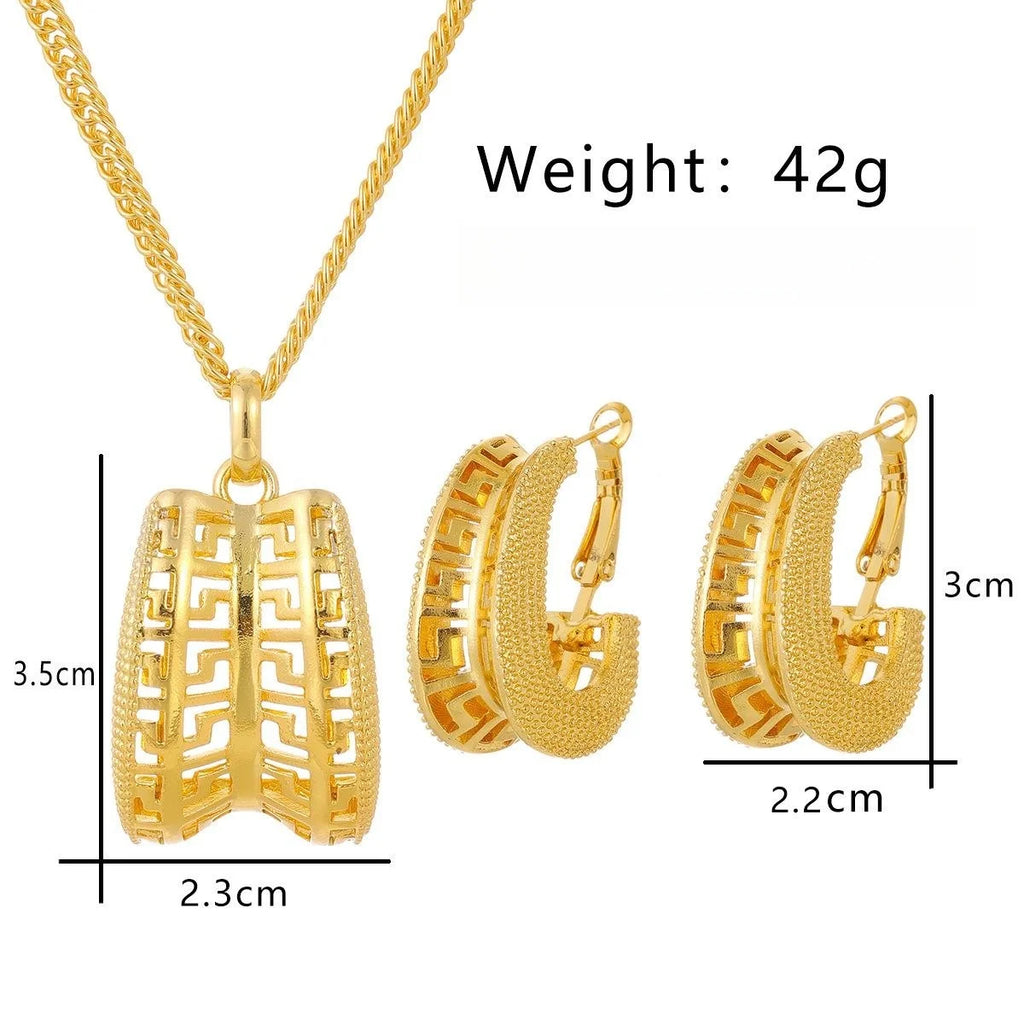 24K Gold Plated Alloy Geometric Hollow Necklace And Earrings Jewelry Set, Luxury Elegant Bridal Jewelry For Wedding