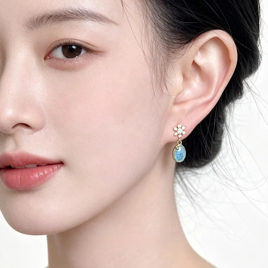 Light Luxury Aquamarine Zircon Star Oval Geometric Eco-Friendly Copper Drop Earrings