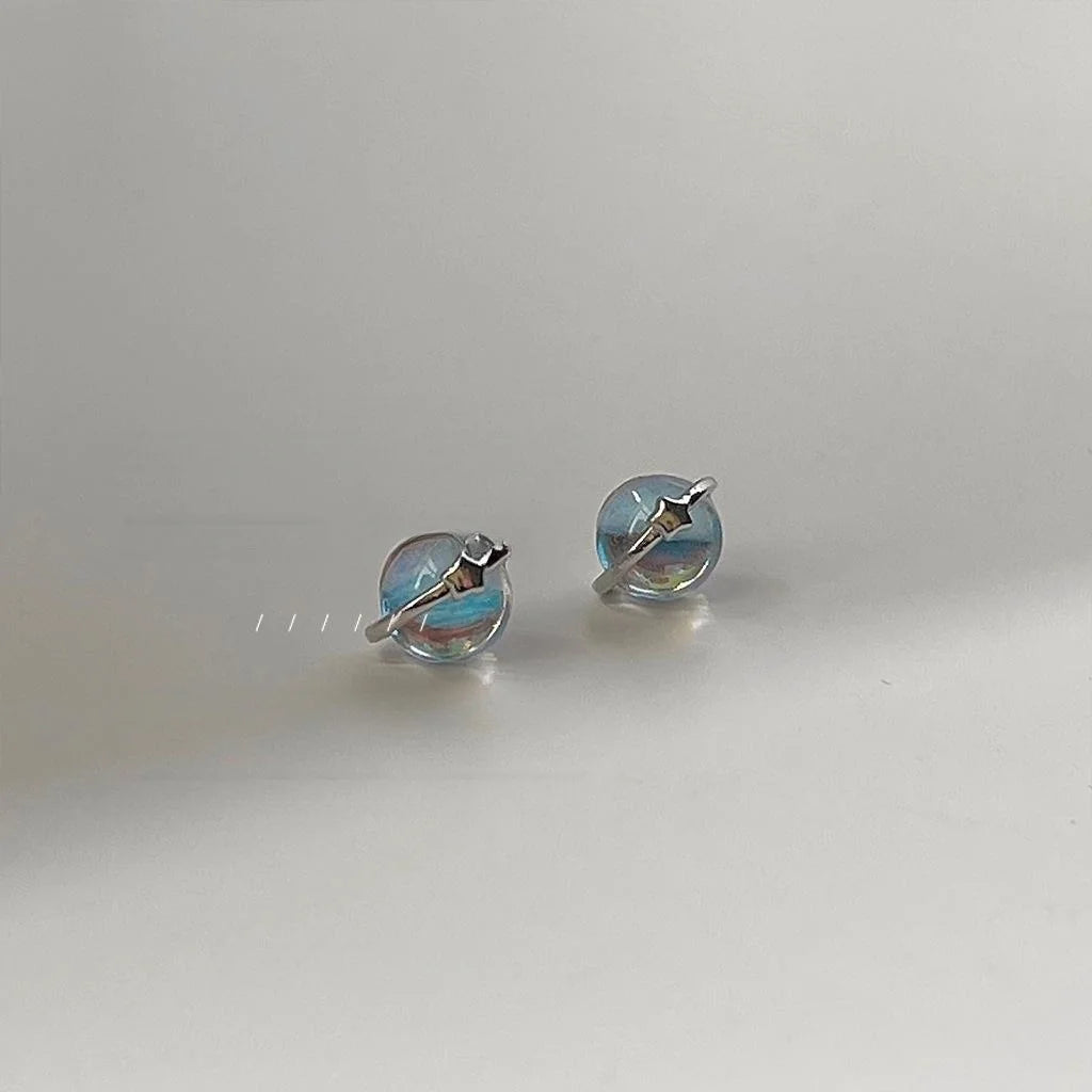 Mini Iridescent Planet Star Copper Stud Earrings With Silver Plated Pins, Style Jewelry