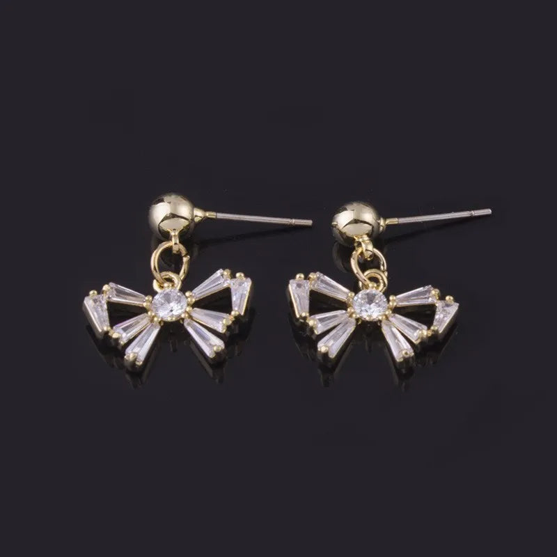 Elegant Zircon Bowknot Dangle Stud & Clip On No Piercing Gold Alloy Sweet Forest Style Earrings