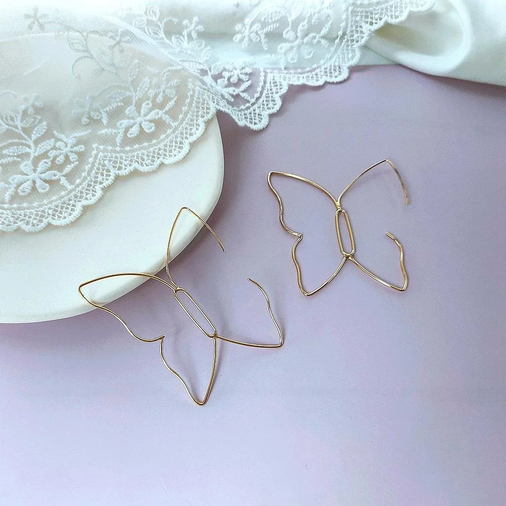 14K Gold Plated Copper Oversized Butterfly Drop Earrings Geometric Hollow Statement Jewelry