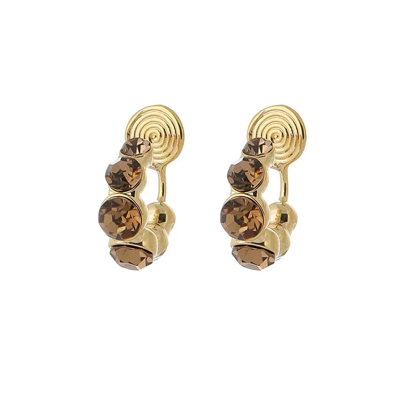 Luxury Gold Tone Brown Crystal Rhinestone Spiral Hoop Stud & Clip On No Piercing Alloy Circle Earrings