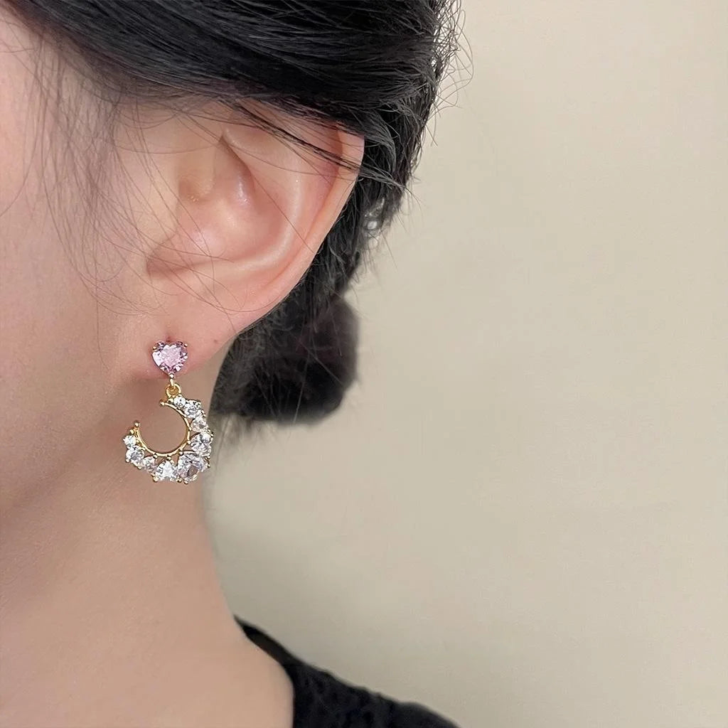 Light Luxury Copper Zircon Moon Heart Geometric Drop Earrings