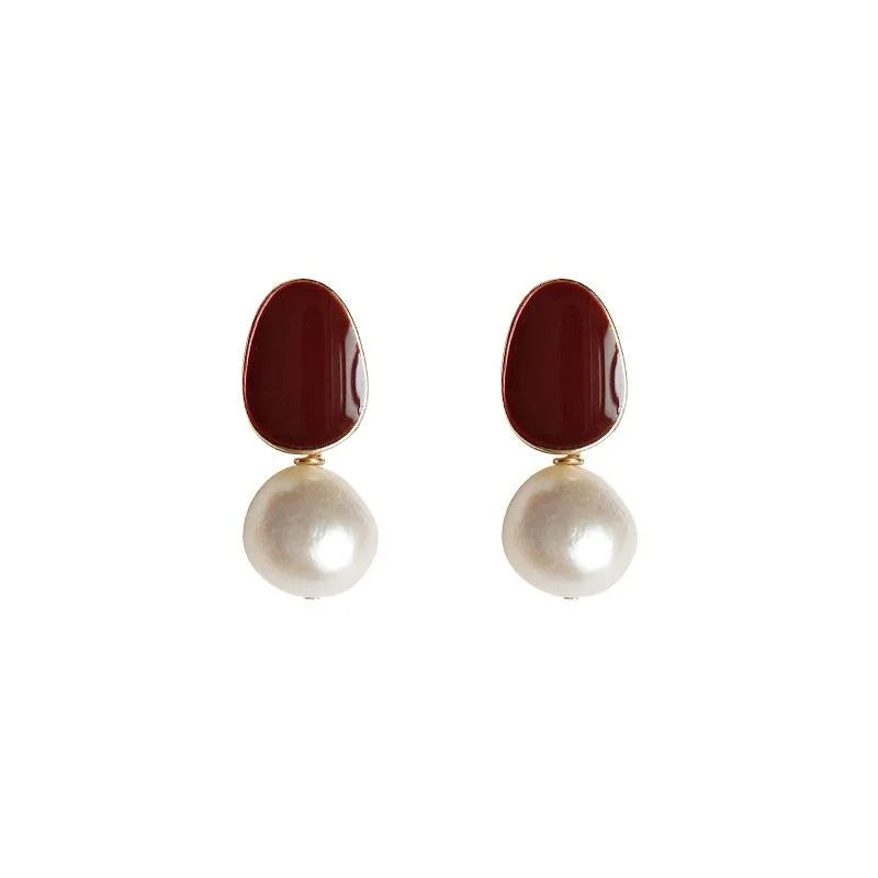 Baroque Irregular Freshwater Pearl Stud Earrings, 14K Plated Copper Burgundy Enamel Jewelry