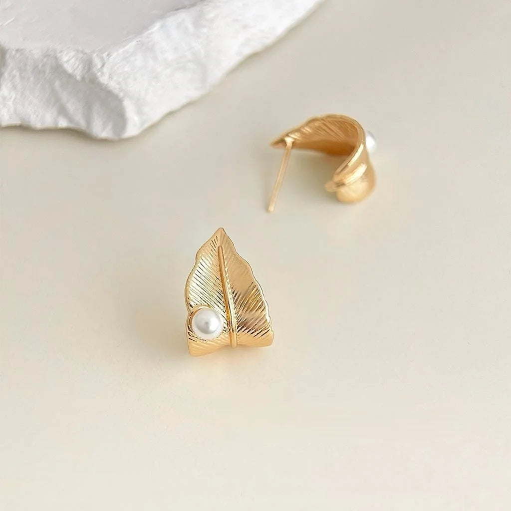 Light Luxury 14K Gold Plated Copper Leaf Drop Earrings With Silver Plated Posts