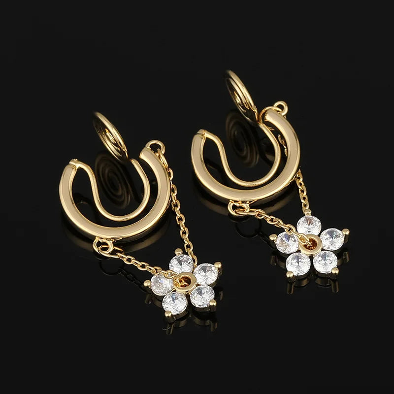 Elegant Zircon Flower Chain Tassel Hoop Ear Cuff Stud & Clip On No Piercing Gold Alloy Earrings