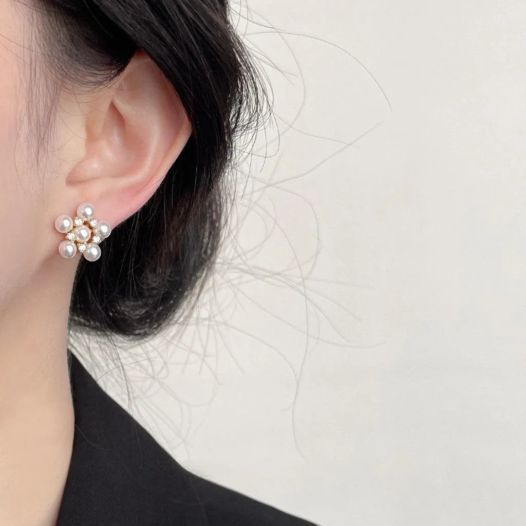 French Vintage Micro Pave Zircon Pearl Flower Stud Earrings Copper Sunflower Hepburn Style