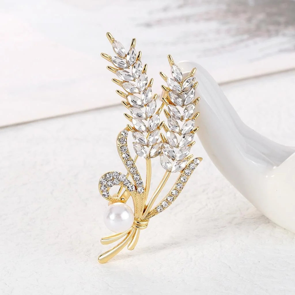 Elegant Rhinestone Wheat Ear Pearl Brooch For Women, Gold Alloy Lapel Pin Corsage Suit Accessory Gift