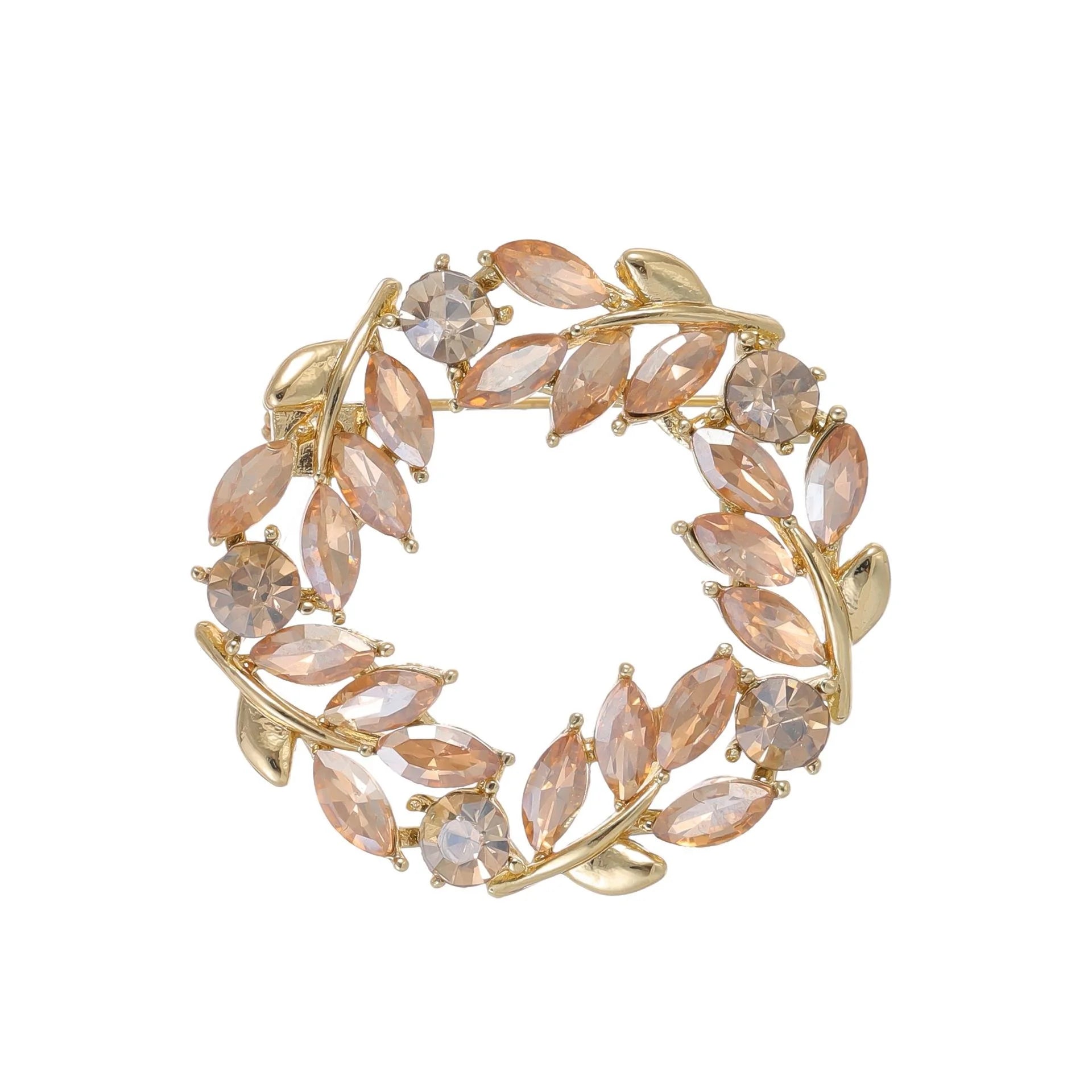 Elegant Green Rhinestone Leaf Wreath Alloy Brooch For Women, Summer Lapel Pin Corsage Suit Accessory
