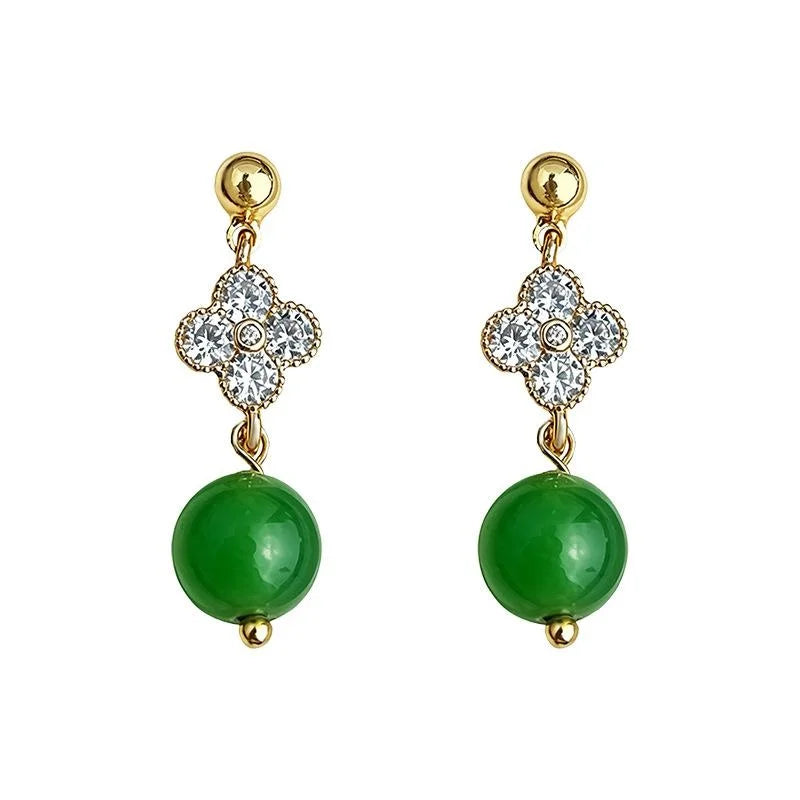 Handmade New Chinese Style Copper Green Agate Zircon Flower Tassel Drop Earrings