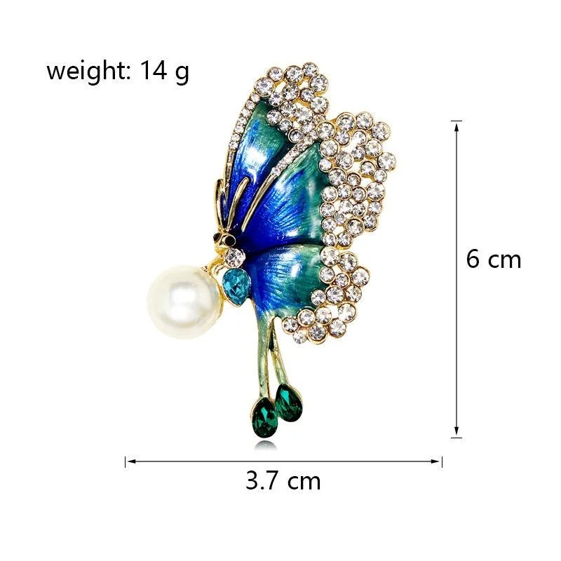 Elegant Blue Enamel Butterfly Brooch With Rhinestone Wings And Pearl Drop Lapel Pin Suit Accessory Gift