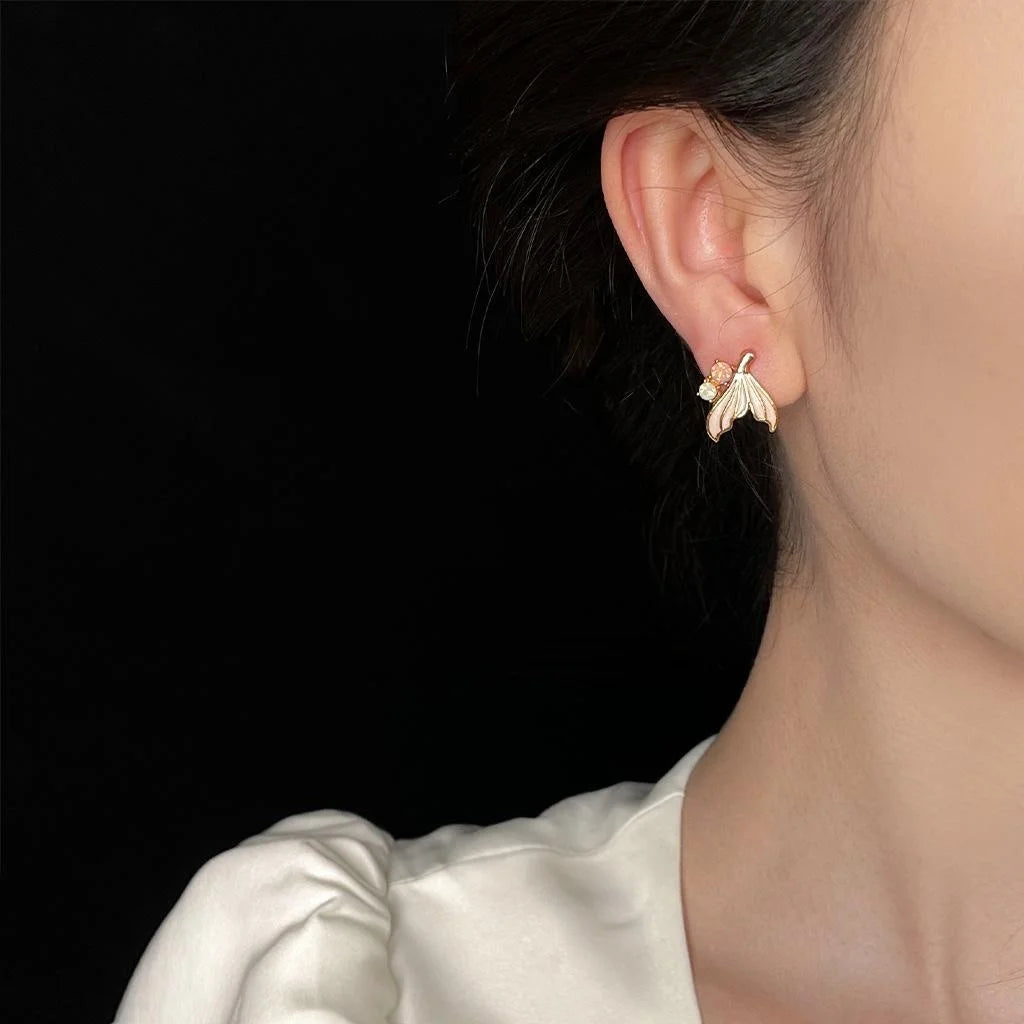 Sweet Fishtail Enamel Copper Stud Earrings With Colorful Rhinestones, Minimal Chic Commuter Jewelry