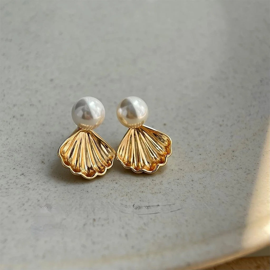 14K Gold Plated Copper Shell Glass Pearl Stud Earrings, Two Way Light Luxury Minimalist Jewelry