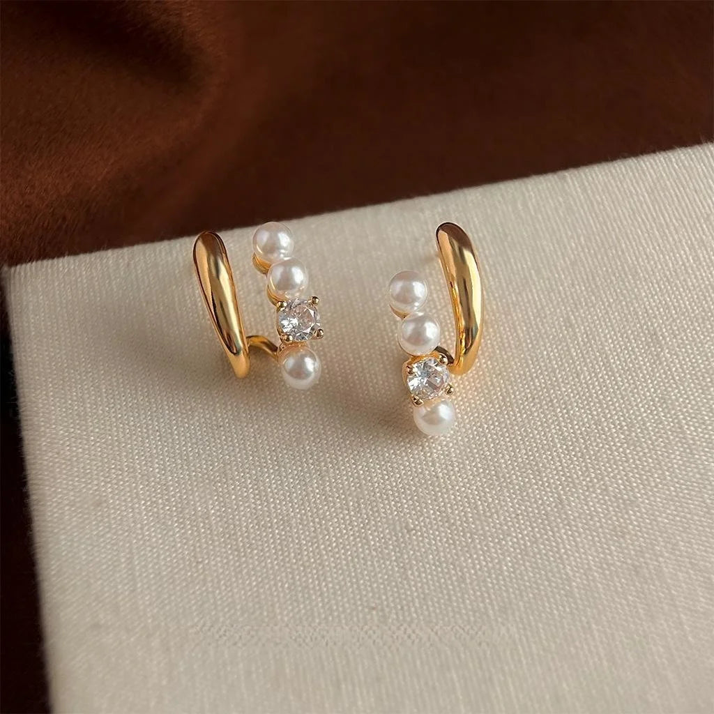 14K Gold Plated Copper Micro Pave Zircon Pearl Stud Earrings U Shape Geometric Minimalist Jewelry
