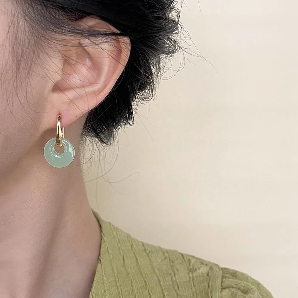 New Chinese Style Jade Color Peace Buckle Stud Earrings Copper Glass Crystal Geometric Jewelry