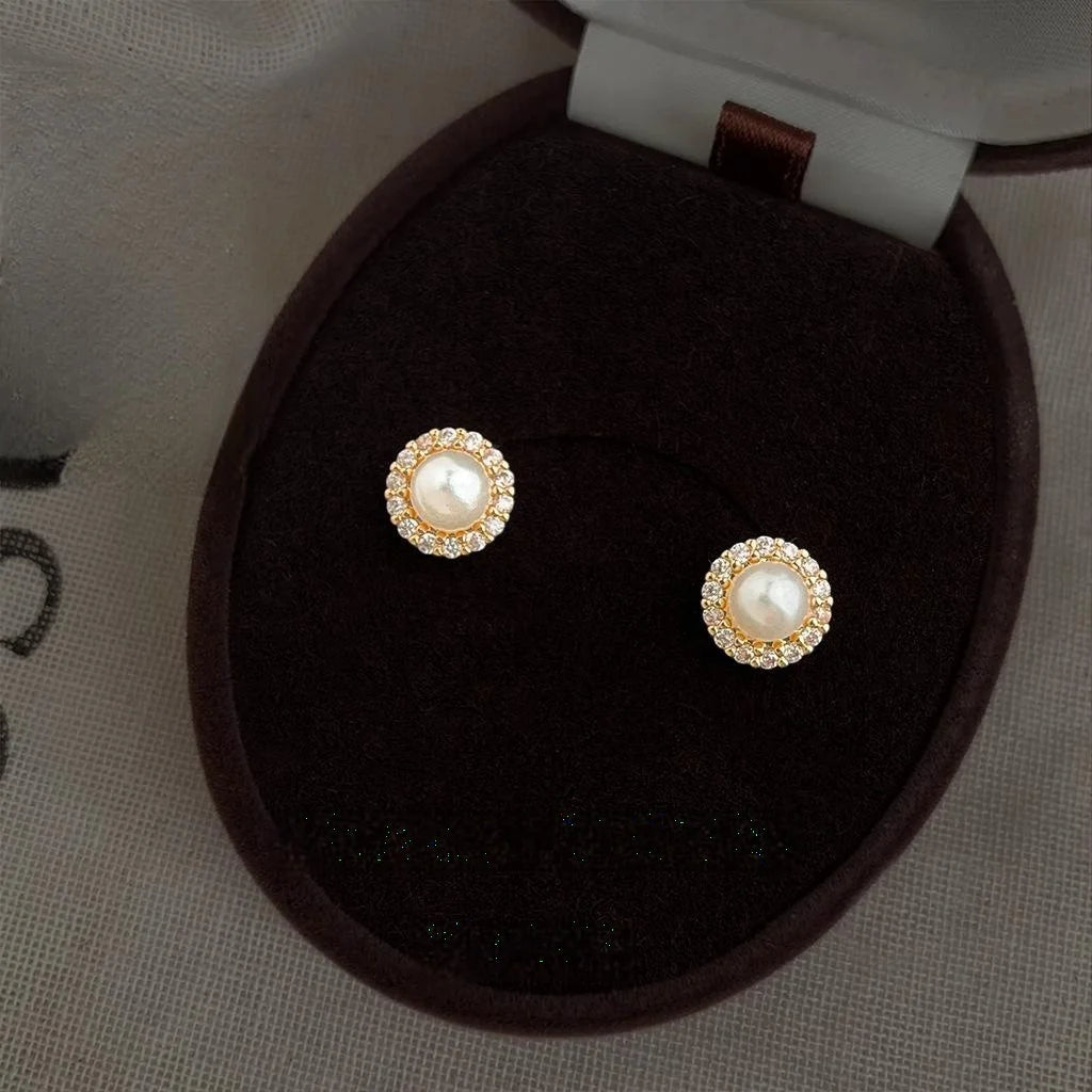 Micro Pave Zircon Round Geometric Pearl Stud Earrings For Women, Copper Minimalist Jewelry
