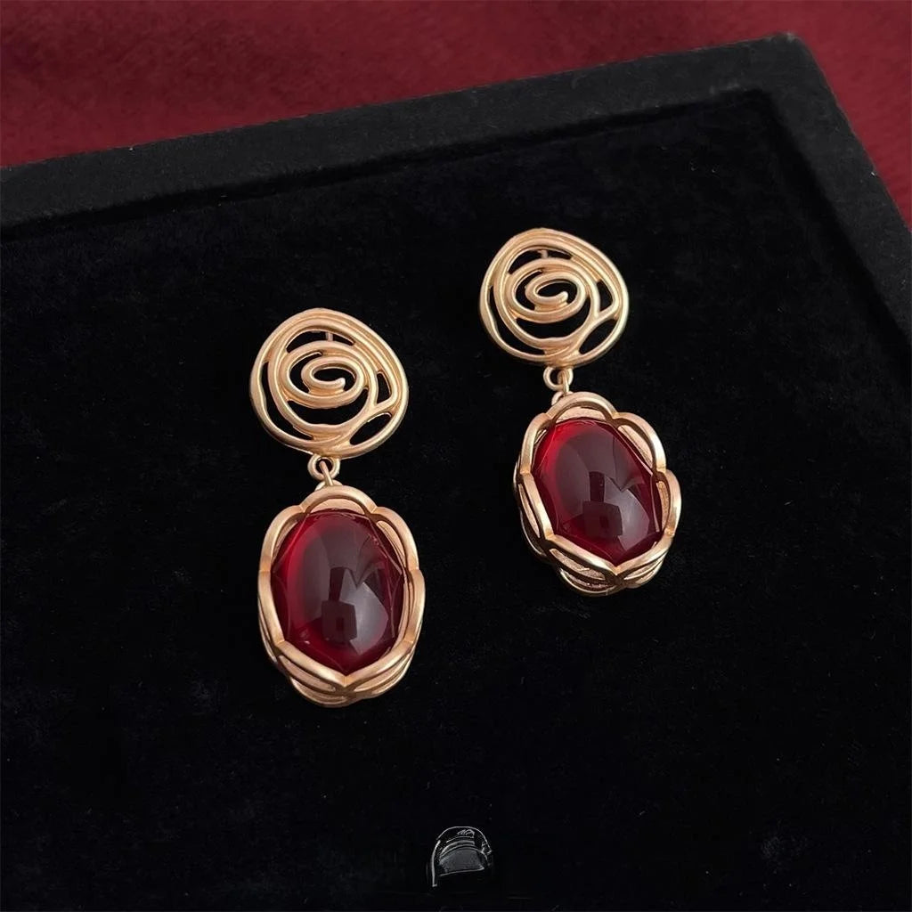 French Vintage Copper Oval Geometric Drop Earrings, Artistic Heavy Texture Statement Jewelry