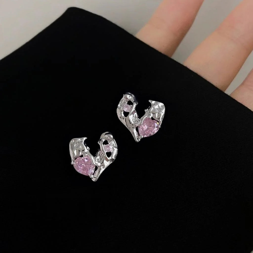Sweet Cool Liquid Heart Micro Pave Zircon Copper Stud Earrings