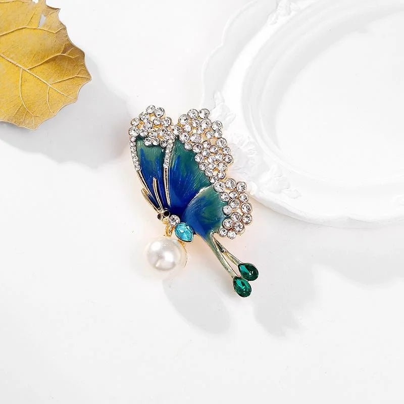 Elegant Blue Enamel Butterfly Brooch With Rhinestone Wings And Pearl Drop Lapel Pin Suit Accessory Gift