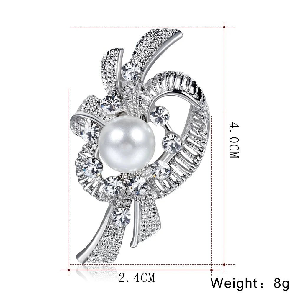 Elegant Pearl And Rhinestone Swirl Flower Brooch, Silver Alloy Wedding Corsage Lapel Pin Gift