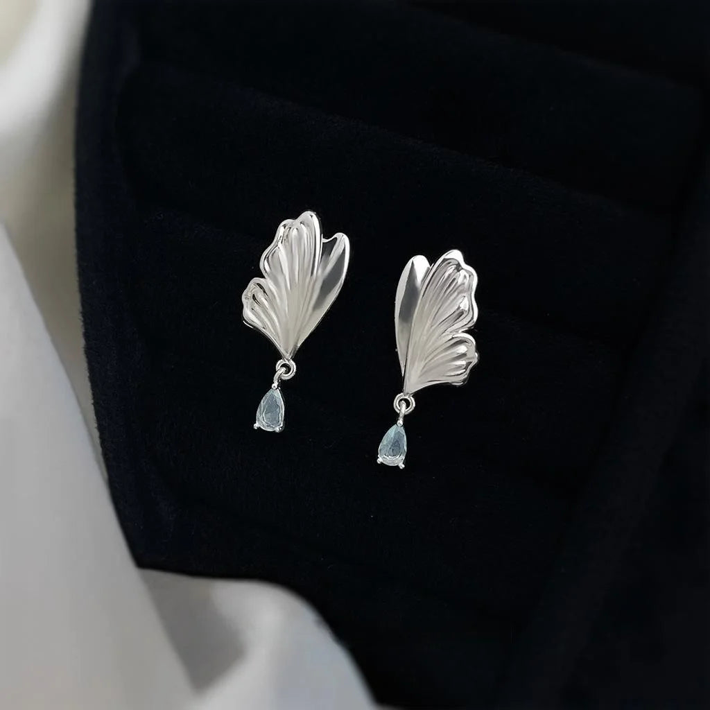 Elegant Copper Aquamarine Zircon Butterfly Teardrop Drop Earrings With Silver Plated Posts