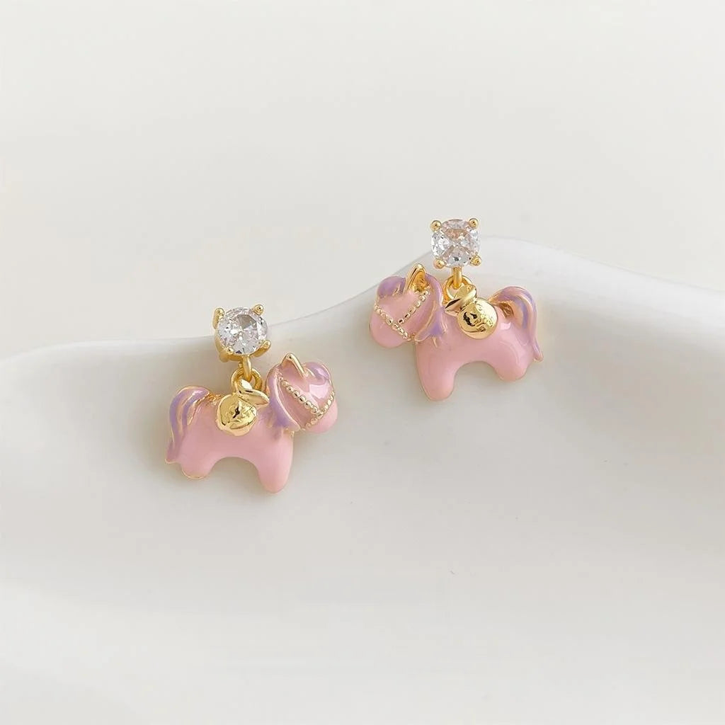 Sweet Pink Pony Zircon Enamel Copper Drop Earrings Chic Animal Jewelry