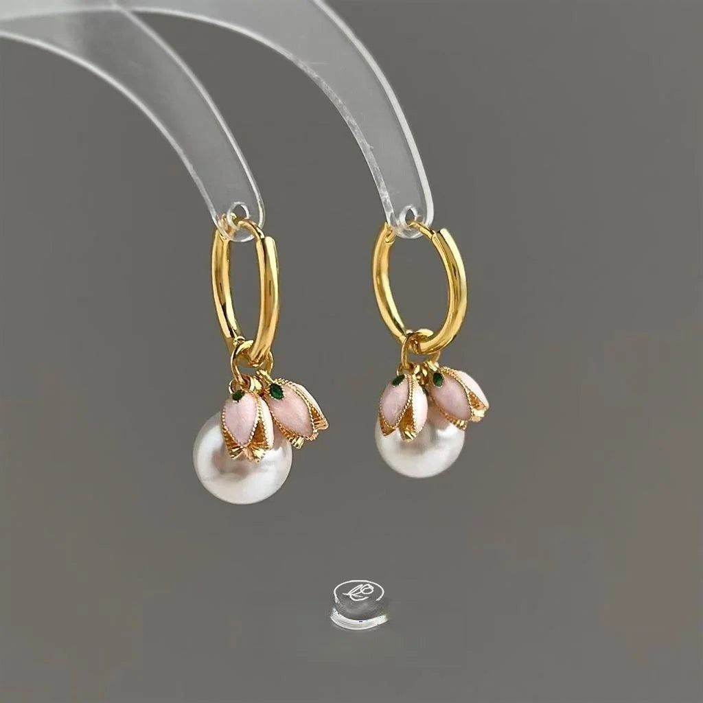 French Elegant Tulip Enamel Copper Glass Pearl Drop Earrings Sweet Pink Flower Jewelry