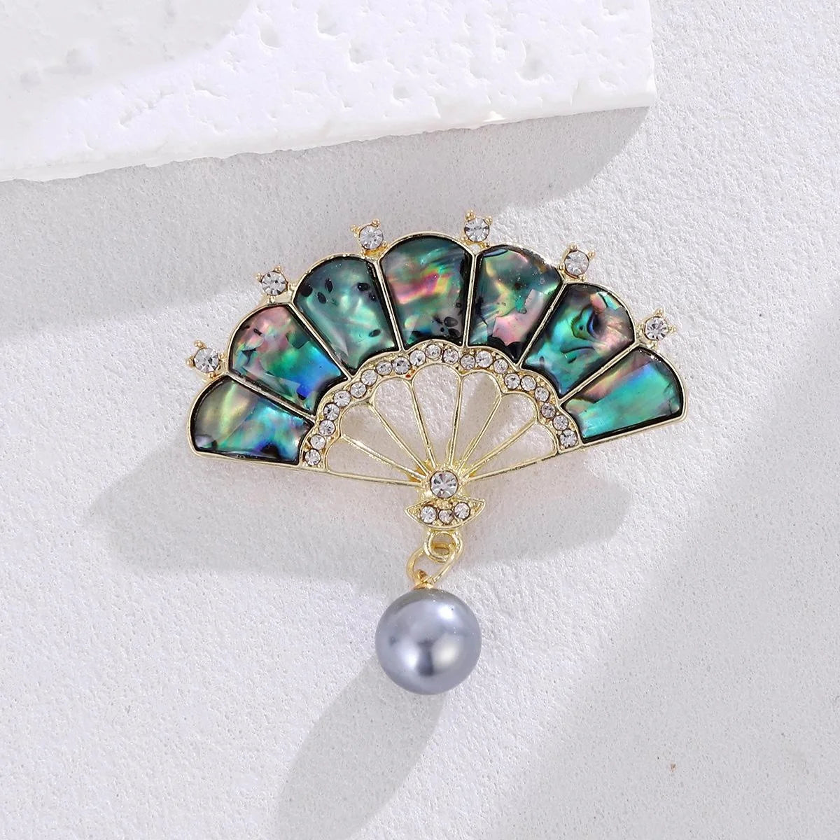Elegant Fan Brooch With Mother Of Pearl Shell And Rhinestones, Pearl Drop Lapel Pin Corsage Gift