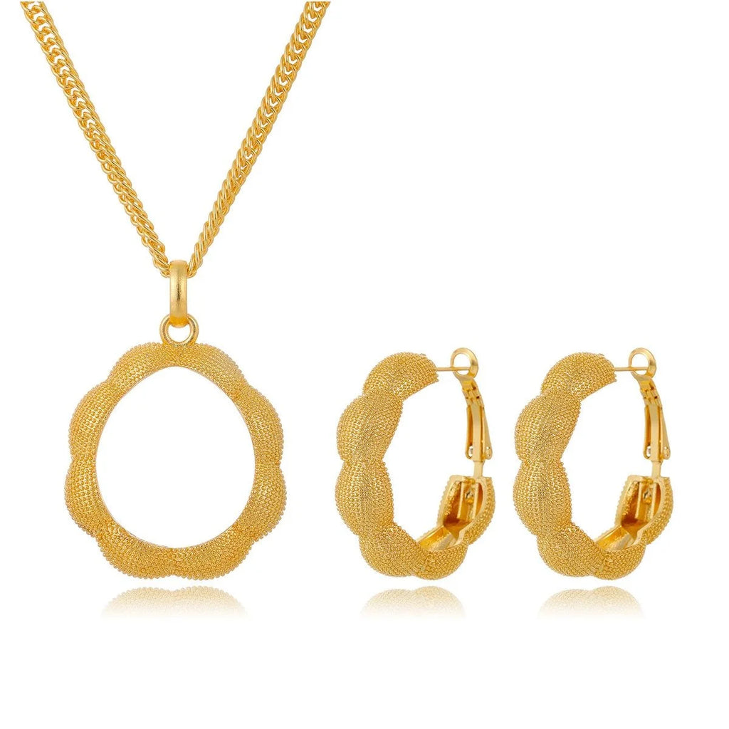 Luxury 24K Gold Color Alloy Hoop Earrings And Pendant Necklace Jewelry Set For Bridal Wedding Banquet Gift