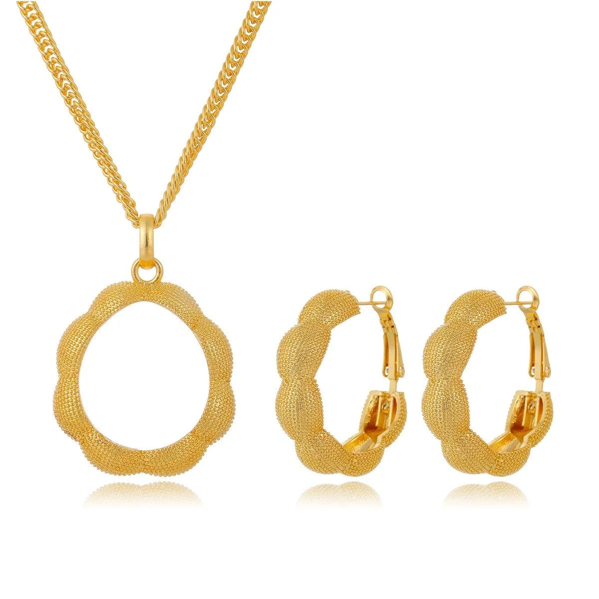 Luxury 24K Gold Color Alloy Hoop Earrings And Pendant Necklace Jewelry Set For Bridal Wedding Banquet Gift